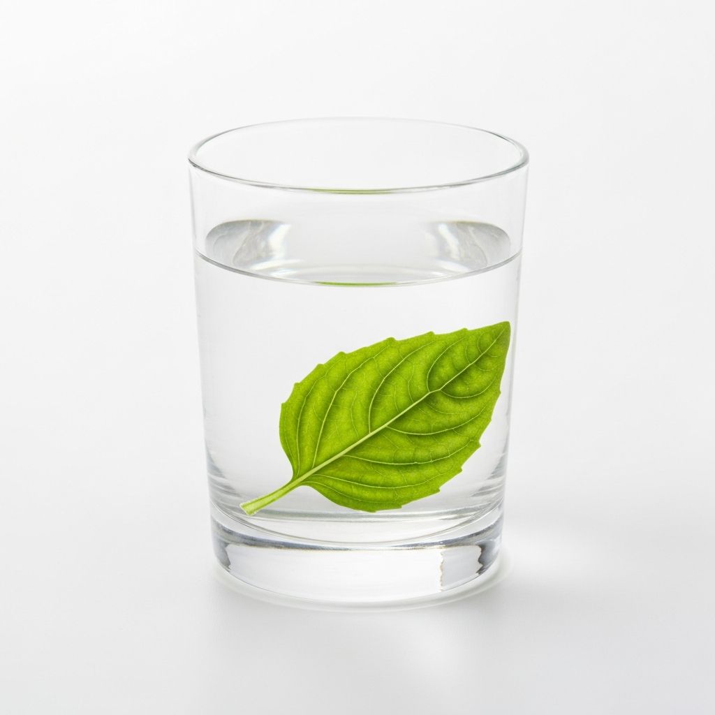 Clear water in transparent glass with herb